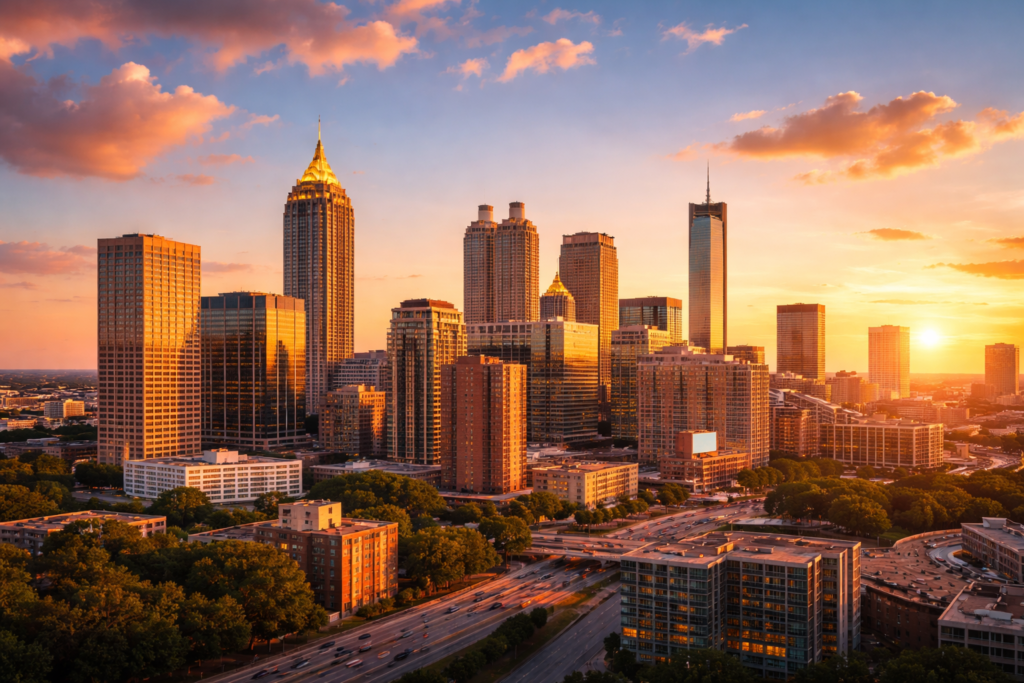 Atlanta event WiFi and temporary internet service - downtown Atlanta skyline at sunset