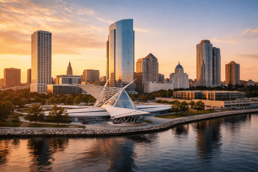 Milwaukee event WiFi and temporary internet service - downtown Milwaukee skyline at sunset with Art Museum