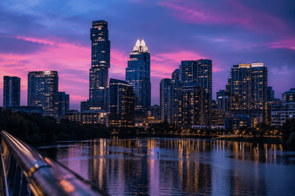 Austin event WiFi and temporary internet rental — downtown Austin skyline at blue-hour dusk