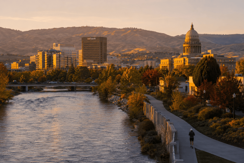 Boise event WiFi and temporary internet rental — downtown Boise at golden hour from Capitol Boulevard Bridge