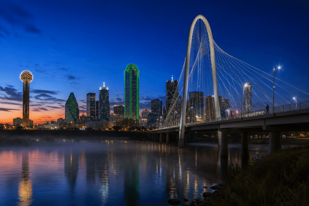 Dallas event WiFi and temporary internet rental — downtown Dallas skyline at blue hour from Trinity Groves