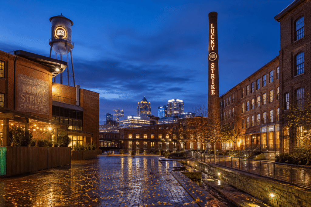 Durham event WiFi and temporary internet rental — American Tobacco Historic District at twilight