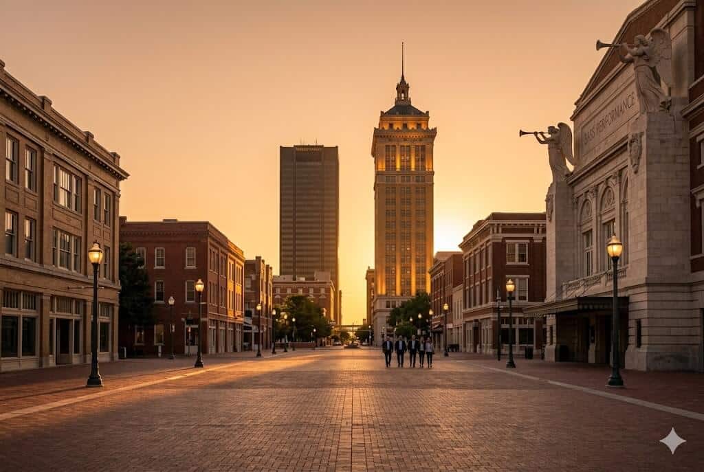 Fort Worth event WiFi and temporary internet rental — Sundance Square at sunset golden hour