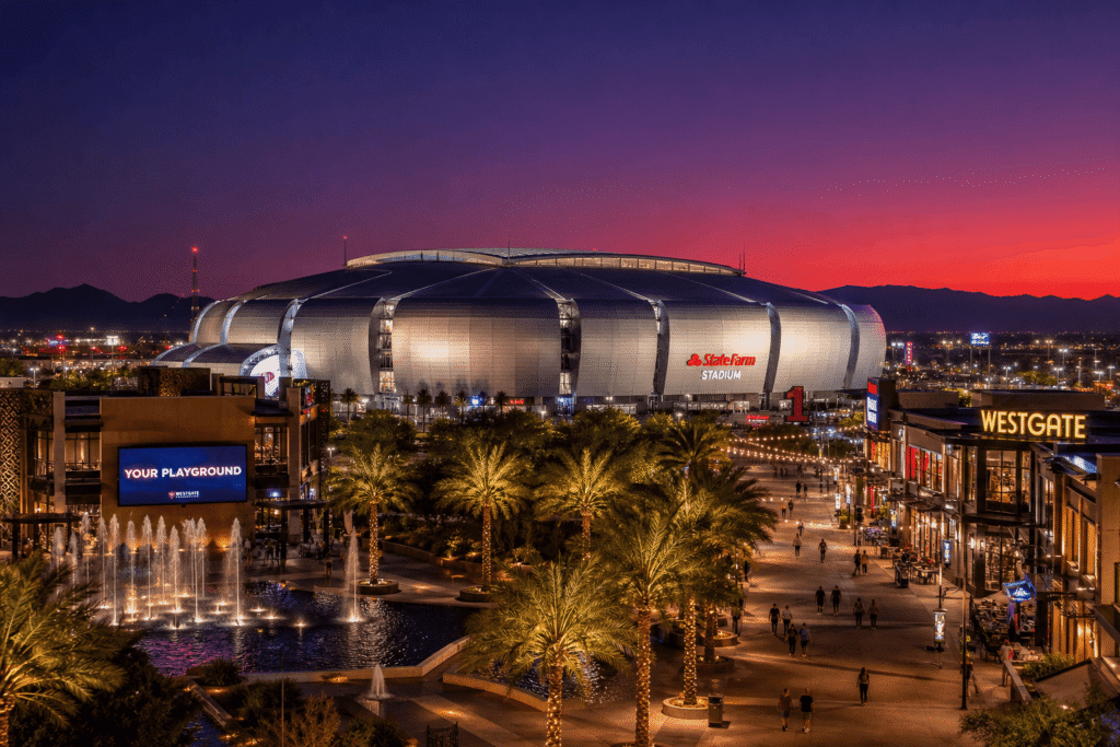 Glendale event WiFi and temporary internet rental — State Farm Stadium and Westgate at dusk