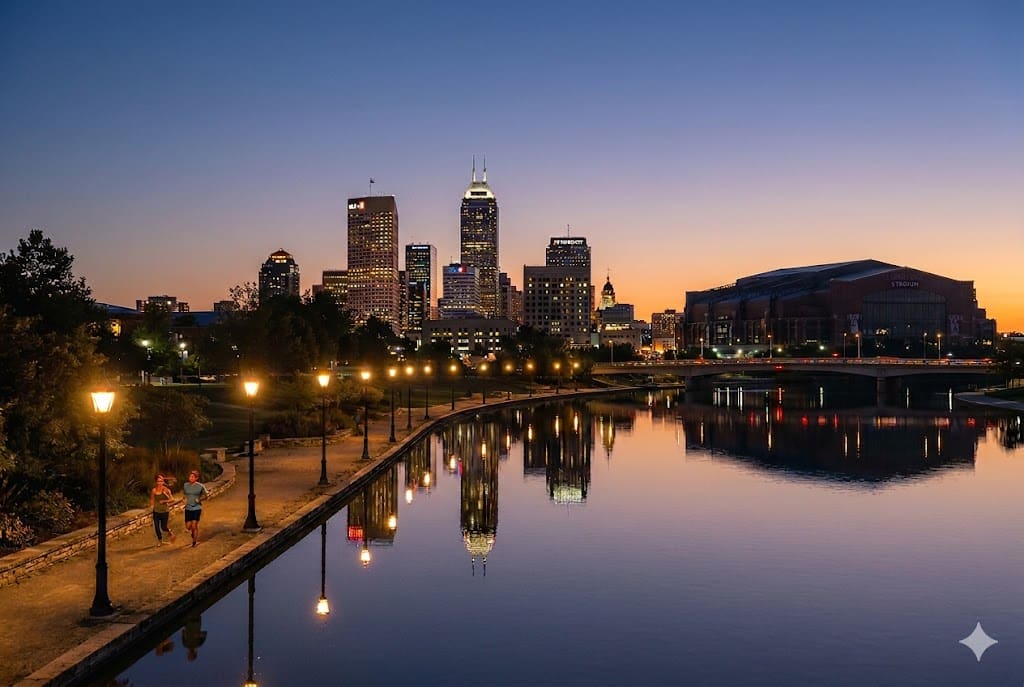 Indianapolis event WiFi and temporary internet rental — downtown skyline from White River State Park at twilight
