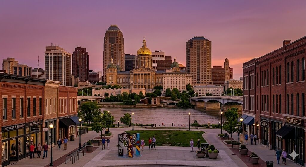 Iowa event WiFi and temporary internet rental — Des Moines skyline with the State Capitol