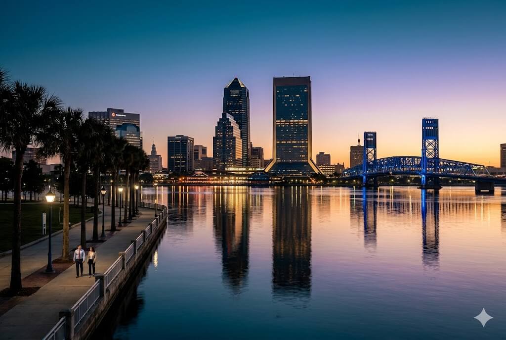 Jacksonville event WiFi and temporary internet rental — downtown skyline across the St. Johns River at twilight