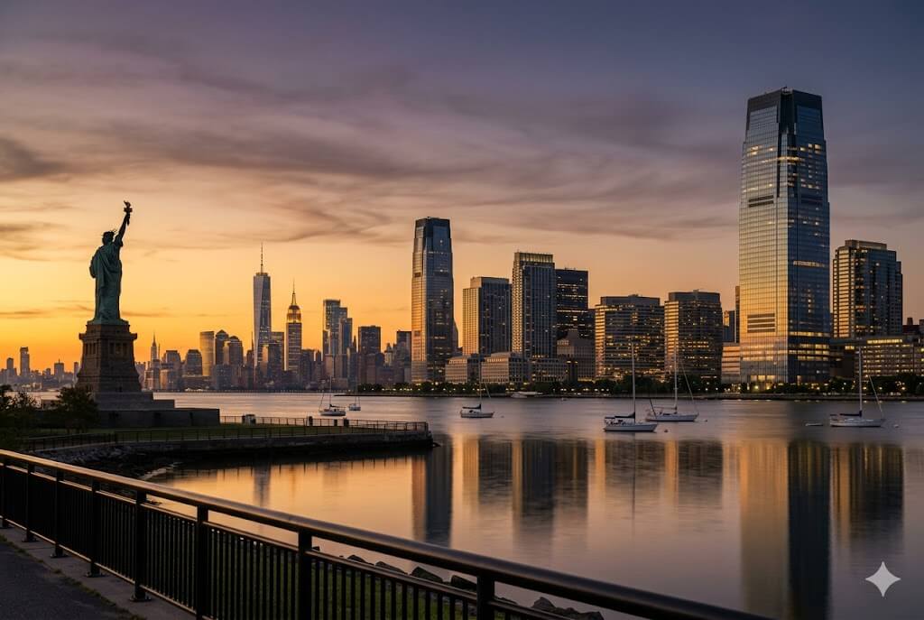 Jersey City event WiFi and temporary internet rental — waterfront skyline at sunset with Manhattan in the distance