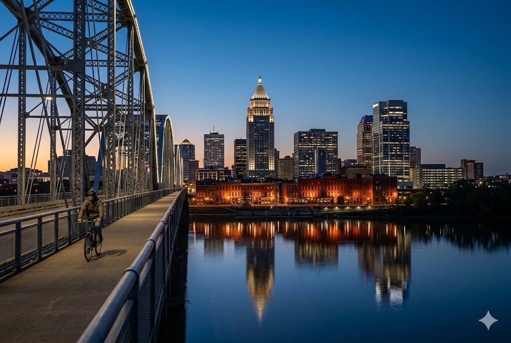Louisville event WiFi and temporary internet rental — downtown skyline from Big Four Bridge at dusk