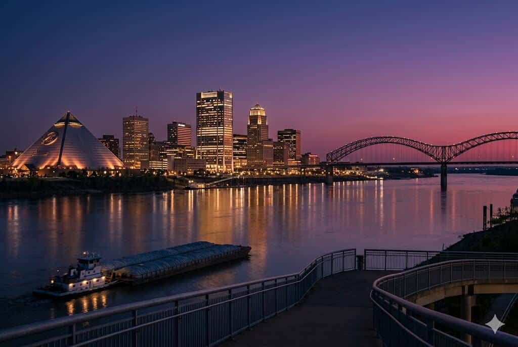 Memphis event WiFi and temporary internet rental — downtown skyline across the Mississippi River at twilight
