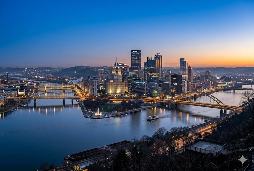 Pittsburgh event WiFi and temporary internet rental — Three Rivers and downtown skyline from Mount Washington at twilight