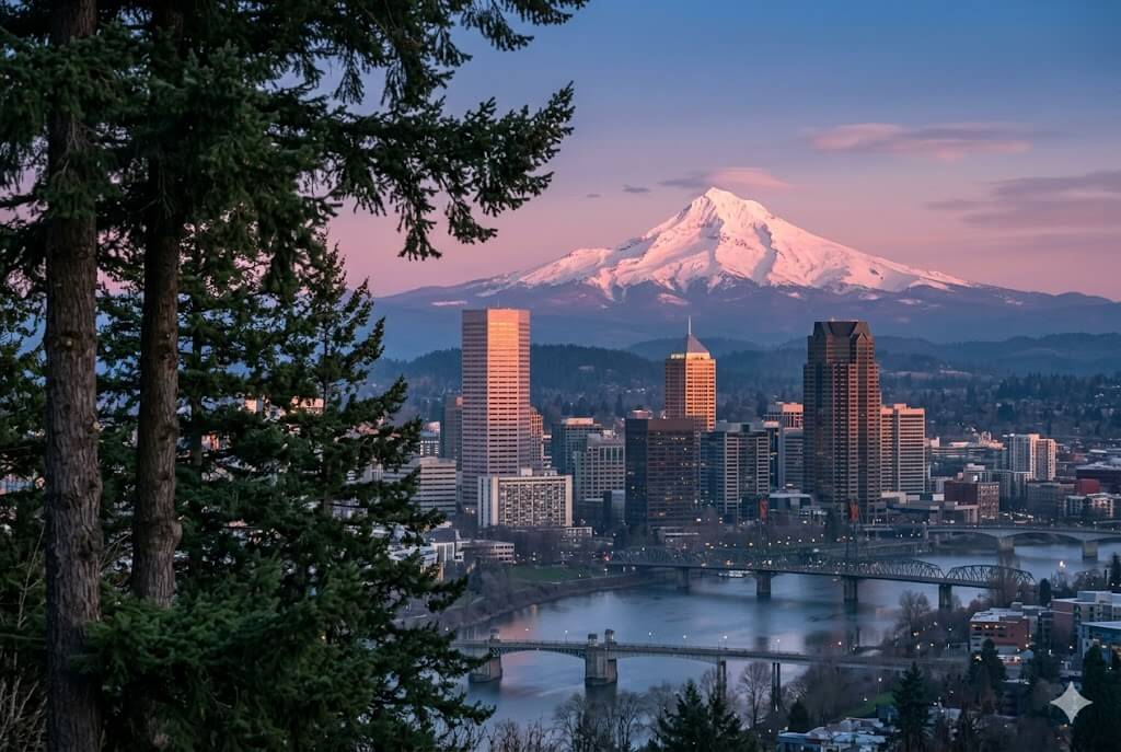 Portland event WiFi and temporary internet rental — downtown skyline with Mount Hood from Pittock Mansion