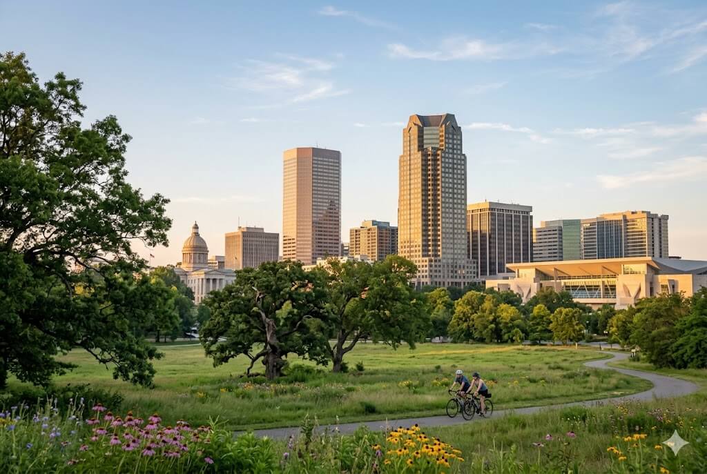 Raleigh event WiFi and temporary internet rental — downtown skyline from Dorothea Dix Park at golden hour