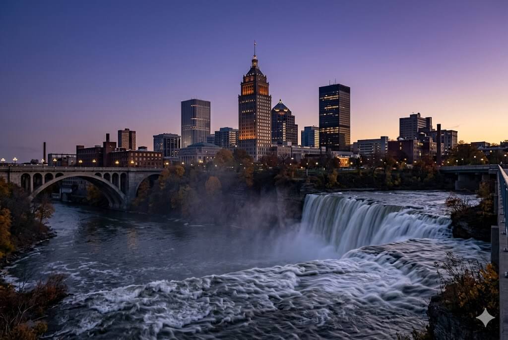 Rochester event WiFi and temporary internet rental — High Falls and downtown skyline at twilight