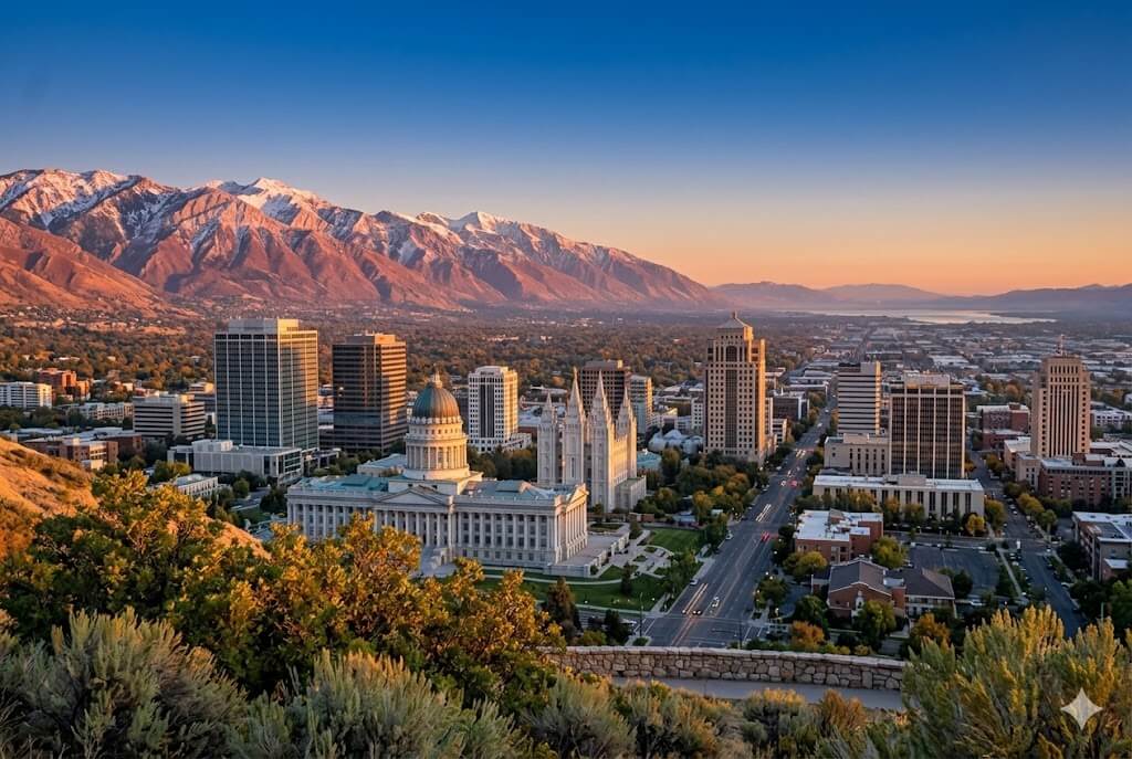 Salt Lake City event WiFi and temporary internet rental — downtown with Wasatch Mountains and Salt Lake Temple at golden hour