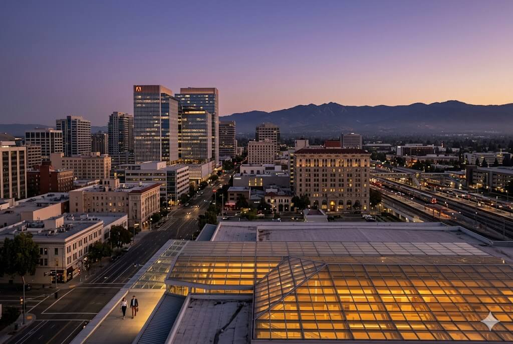 San Jose event WiFi and temporary internet rental — downtown skyline with Santa Cruz Mountains at twilight