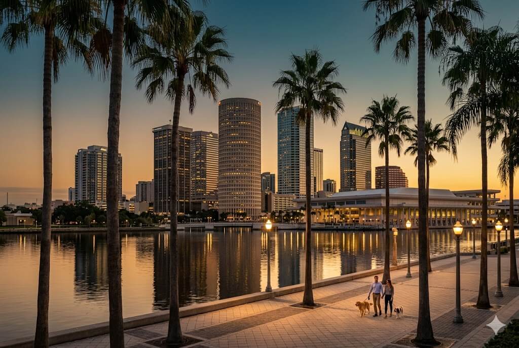 Tampa event WiFi and temporary internet rental — downtown skyline from the Hillsborough Riverwalk at golden hour