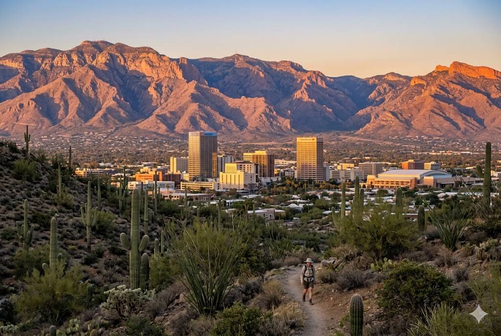Tucson event WiFi and temporary internet rental — downtown skyline with the Santa Catalina Mountains at golden hour