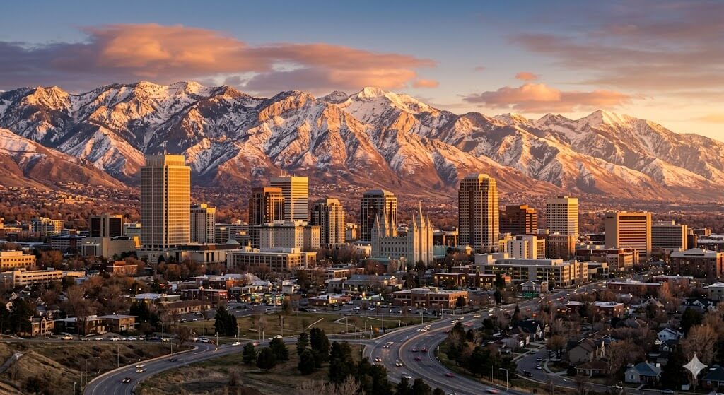 Utah event WiFi and temporary internet rental — Salt Lake City skyline with the Wasatch Mountains