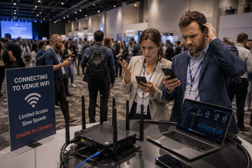 Attendees struggling with slow, unreliable venue wifi at a trade show