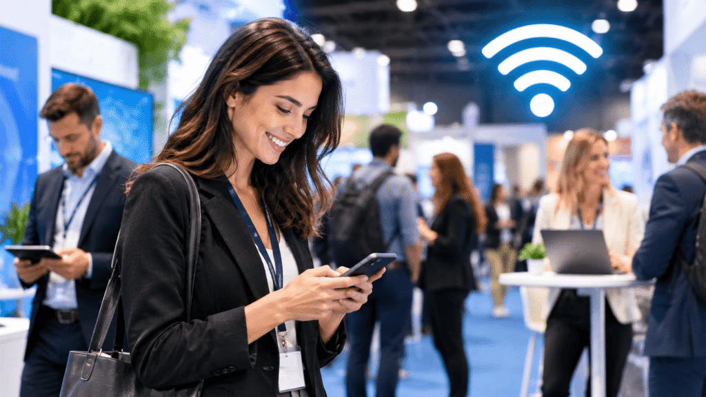 Smiling attendee using her phone on reliable event WiFi at a busy trade show